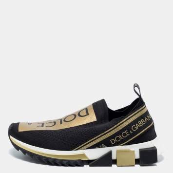 Pre Owned Dolce & Gabbana Black Knit Fabric Sorrento Logo Slip-On Sneakers Size 39