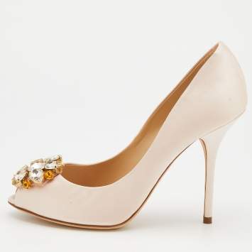 Pre Owned Dolce & Gabbana Light Pink Satin Crystal Embellished Peep Toe Pumps Size 39