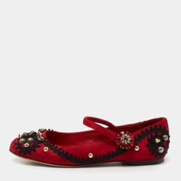 مملوكة مسبقًا Dolce & Gabbana Red Jacquard Fabric Embellished Mary Jane Ballet Flats Size 35