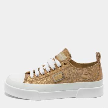Pre Owned Dolce & Gabbana Gold/White Brocade Fabric Low Top Sneakers Size 37