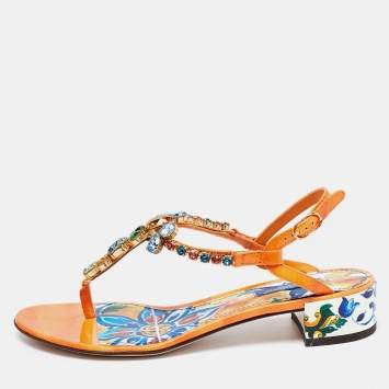 Pre Owned Dolce & Gabbana Multicolor Patent Leather Crystal Embellished Thong Sandals Size 36