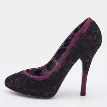 Pre Owned Dolce & Gabbana Purple/Black Lace And Satin Platform Pumps Size 39