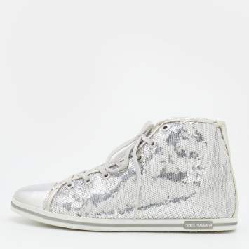 Pre Owned Dolce & Gabbana Metallic Silver Sequins Leather High Top Sneakers Size 40