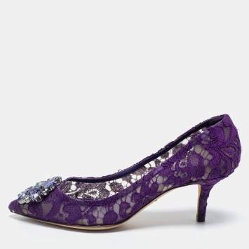 Pre Owned Dolce & Gabbana Purple Lace Crystal Embellished Bellucci Pumps Size 36