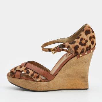 Pre Owned Dolce & Gabbana Brown Leather And Leopard Print Calf Hair Ankle Strap Wedge Sandals Size 38