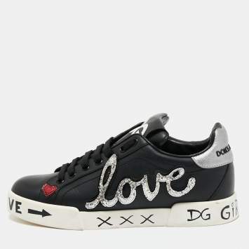Pre Owned Dolce & Gabbana Black Leather Portofino Lace Up Sneakers Size 37 