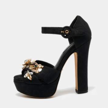 Pre Owned Dolce & Gabbana Black Brocade Fabric Embellished Cross Strap Platform Sandals Size 35