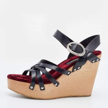 Pre Owned Dolce & Gabbana Black Leather Platform Wedge Ankle Strap Sandals Size 39