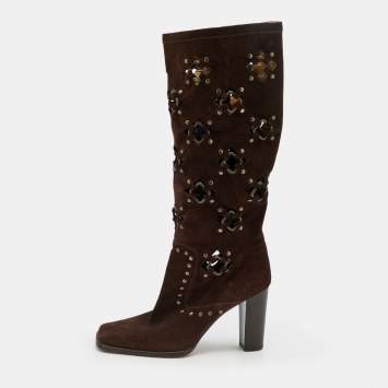Pre Owned Dolce & Gabbana Brown Suede Embellished Knee Length Boots Size 38.5