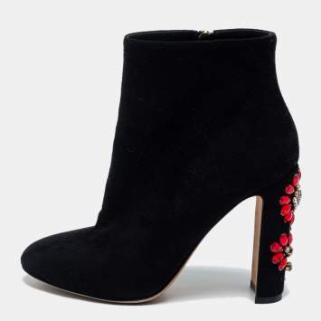 Pre Owned Dolce & Gabbana Black Suede Jewel Heel Ankle Boots Size 37