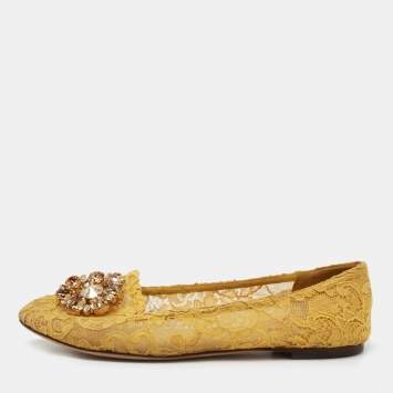 Pre Owned Dolce & Gabbana Yellow Lace Crystal Embellished Taormina Ballet Flats Size 40
