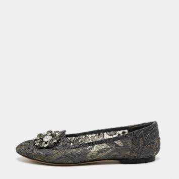 مملوكة مسبقًا Dolce & Gabbana Grey Lace Crystal Embellished Taormina Ballet Flats Size 40