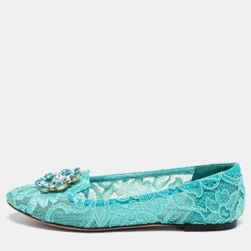 Pre Owned Dolce & Gabbana Blue Lace Crystal Embellished Taormina Ballet Flats Size 40