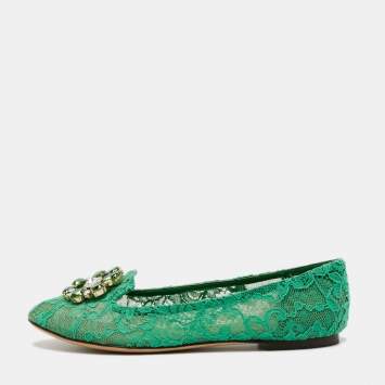 Pre Owned Dolce & Gabbana Green Lace Crystal Embellished Taormina Ballet Flats Size 40