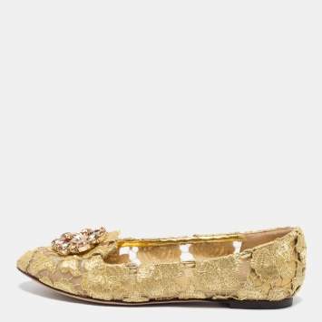 Pre Owned Dolce & Gabbana Gold Lace Taormina Crystal Embellished Ballet Flats Size 40