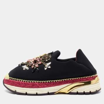 Pre Owned Dolce & Gabbana Black Fabric Crystal Embellished Slip On Sneakers Size 38