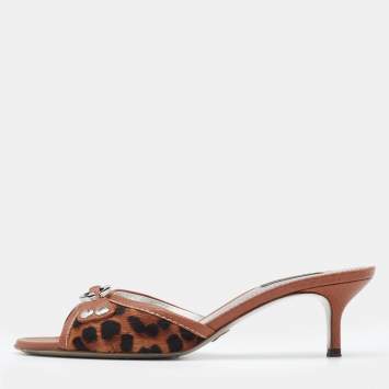 Pre Owned Dolce & Gabbana Brown Leather and Leopard Print Calf Hair Logo Slide Sandals Size 37.5
