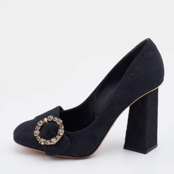 Pre Owned Dolce & Gabbana Black Jacquard Embellished Block Heel Pumps Size 38.5