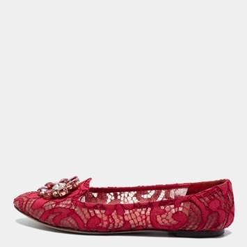 Pre Owned Dolce & Gabbana Red Lace/Mesh Taormina Jeweled Embellishment Ballet Flats Size 40
