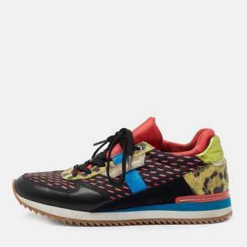 Pre Owned Dolce & Gabbana Multicolor Leather and Fabric  Lace Up Sneakers Size 37