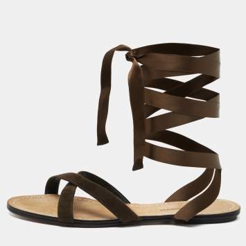 Pre Owned Dolce & Gabbana Brown Suede and Satin Ankle Wrap Flat Sandals Size 37