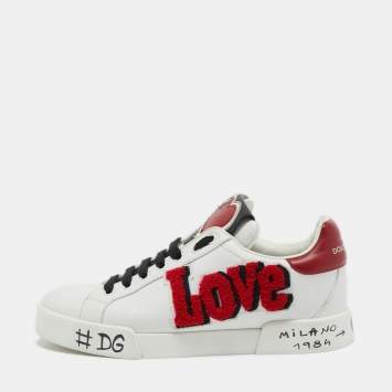 Pre Owned Dolce and Gabbana White Leather Love and Graffiti Low Top Sneakers Size 37