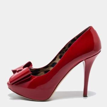 Pre Owned Dolce & Gabbana Red Patent Leather Bow Peep Toe Pumps Size 40