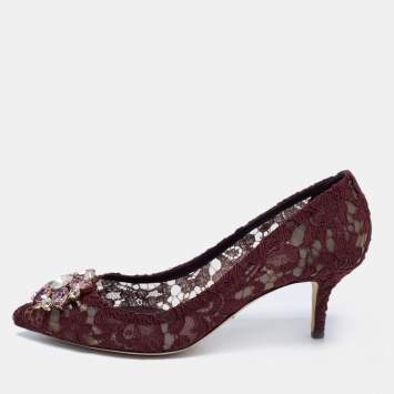 Pre Owned Dolce & Gabbana Brown Lace Belluci Embellished Pointed Toe Pumps Size 38