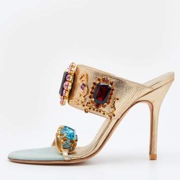 Pre Owned Dolce & Gabbana Metallic Gold Leather Embellished Slide Sandals Size 38