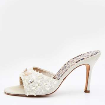 Pre Owned Dolce & Gabbana White Embellished Suede Slide Sandals Size 38
