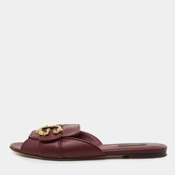 Pre Owned Dolce & Gabbana Burgundy Leather Slide Sandals Size 39