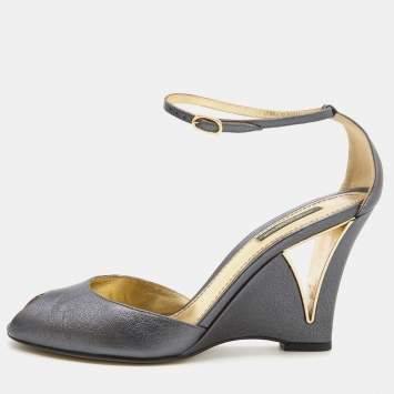 Pre Owned Dolce & Gabbana Metallic Grey Leather Ankle Strap Peep Toe Wedge Sandals Size 39