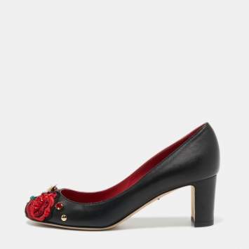 Pre Owned Dolce & Gabbana Black Leather Crystal Embellished and Embroidered Applique Pumps Size 36.5
