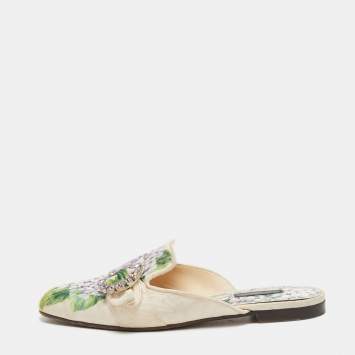 Pre Owned Dolce & Gabbana Cream Floral Print Fabric Flat Mules Size 38