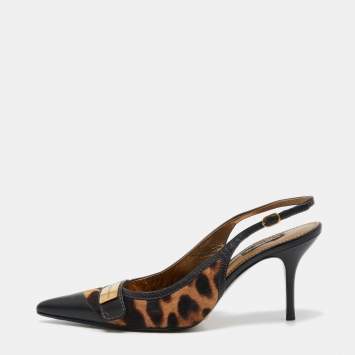 Pre Owned Dolce & Gabbana Black/Brown Leather and Leopard Print Calf Hair Slingback Pumps Size 39
