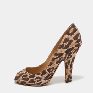 Pre Owned Dolce & Gabbana Brown/Beige Leopard Print Canvas Peep Toe Pumps Size 38