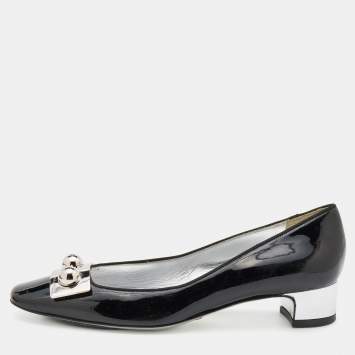 Pre Owned Dolce & Gabbana Black/Silver Patent Leather Block Heel Pumps Size 38