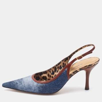 Pre Owned Dolce & Gabbana Blue/Brown Denim and Leather Pointed Toe Slingback Pumps Size 38