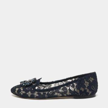 مملوكة مسبقًا Dolce & Gabbana Navy Blue Lace Taormina Ballet Flats Size 39