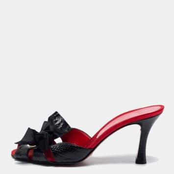 Pre Owned Dolce & Gabbana Black Snakeskin Leather Bow Slide Sandals Size 39