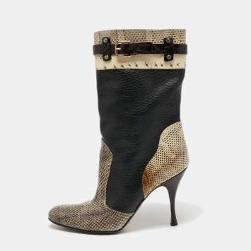 Pre Owned Dolce & Gabbana Black/Cream Python and Leather Mid Calf Boots Size 39