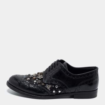 Pre Owned Dolce & Gabbana Black Brogue Leather Studded Embellished Lace Oxfords Size 36.5