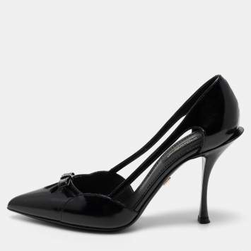 Pre Owned Dolce & Gabbana Black Patent Leather Cutout Bow  Pumps Size 37