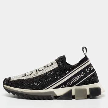 Pre Owned Dolce & Gabbana Black/Silver Crystal Embellished Knit Fabric Sorrento Sneakers Size 38