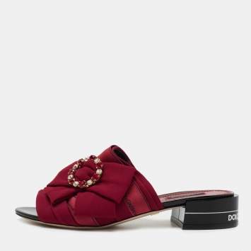 Pre Owned Dolce & Gabbana Burgundy Fabric Crystal Embellished Bow Slide Sandals Size 39.5