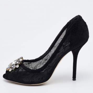 Pre Owned Dolce & Gabbana Black Lace Bellucci Embellished Pumps Size 40
