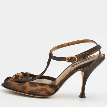 Pre Owned Dolce & Gabbana Brown Leopard Print Mesh and Fabric Embellished Ankle Strap Sandals Size 36.5