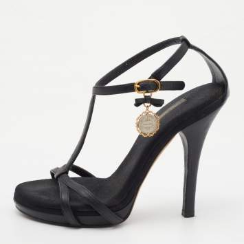 Pre Owned Dolce and Gabbana Black Leather Heritage Coin Detail Ankle Strap Sandals Size 37