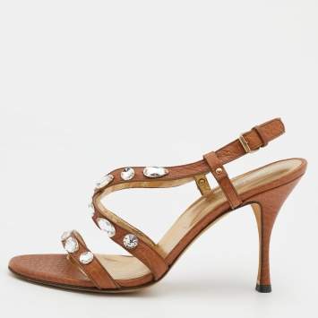 Pre Owned Dolce & Gabbana Brown Leather Embellished Slingback Sandals Size 37