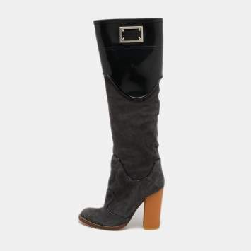 Pre Owned Dolce & Gabbana Black/Grey Rubber and Suede Knee Length Boots Size 40